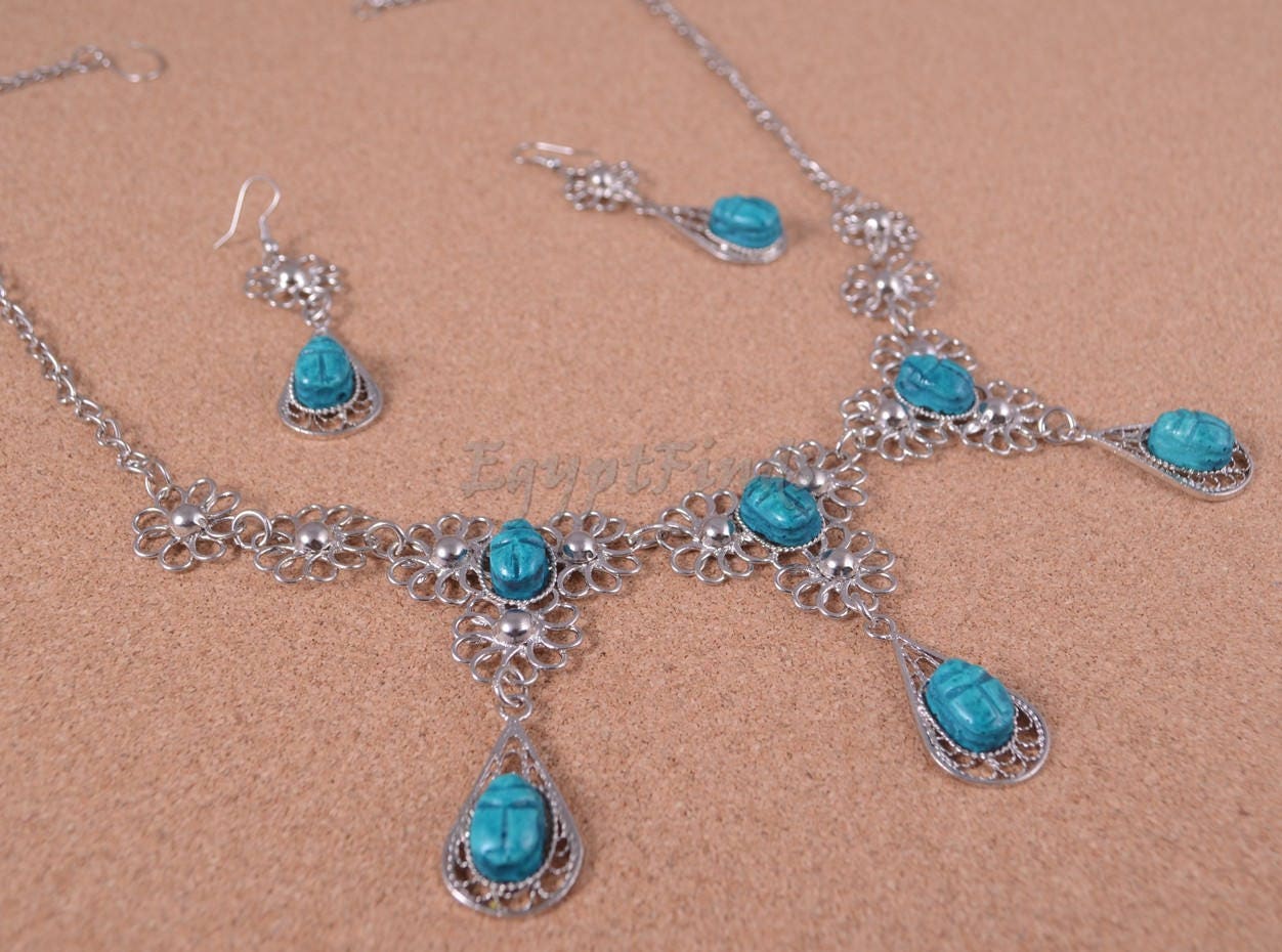Egyptian Jewelry Hand Made Flower Bib Necklace and Earrings Set