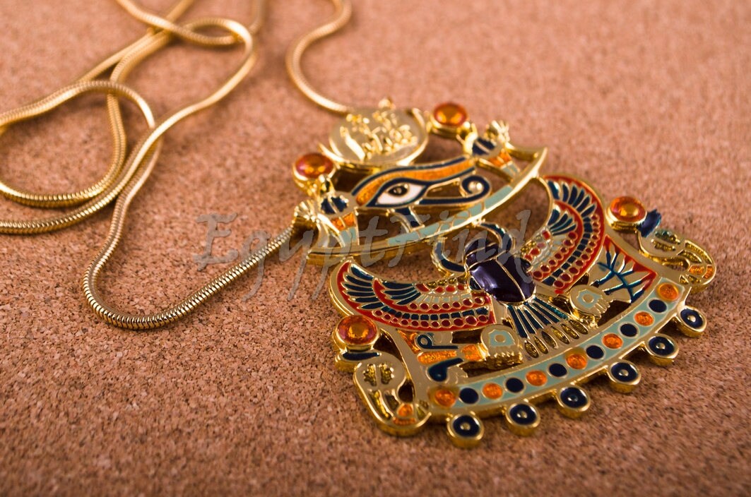 Large Egyptian 24k Gold Plated Enameled Winged Scarab And Eye Of Horus Necklace Eye Of Horus Necklace Winged scarab Necklace Scarab Necklace