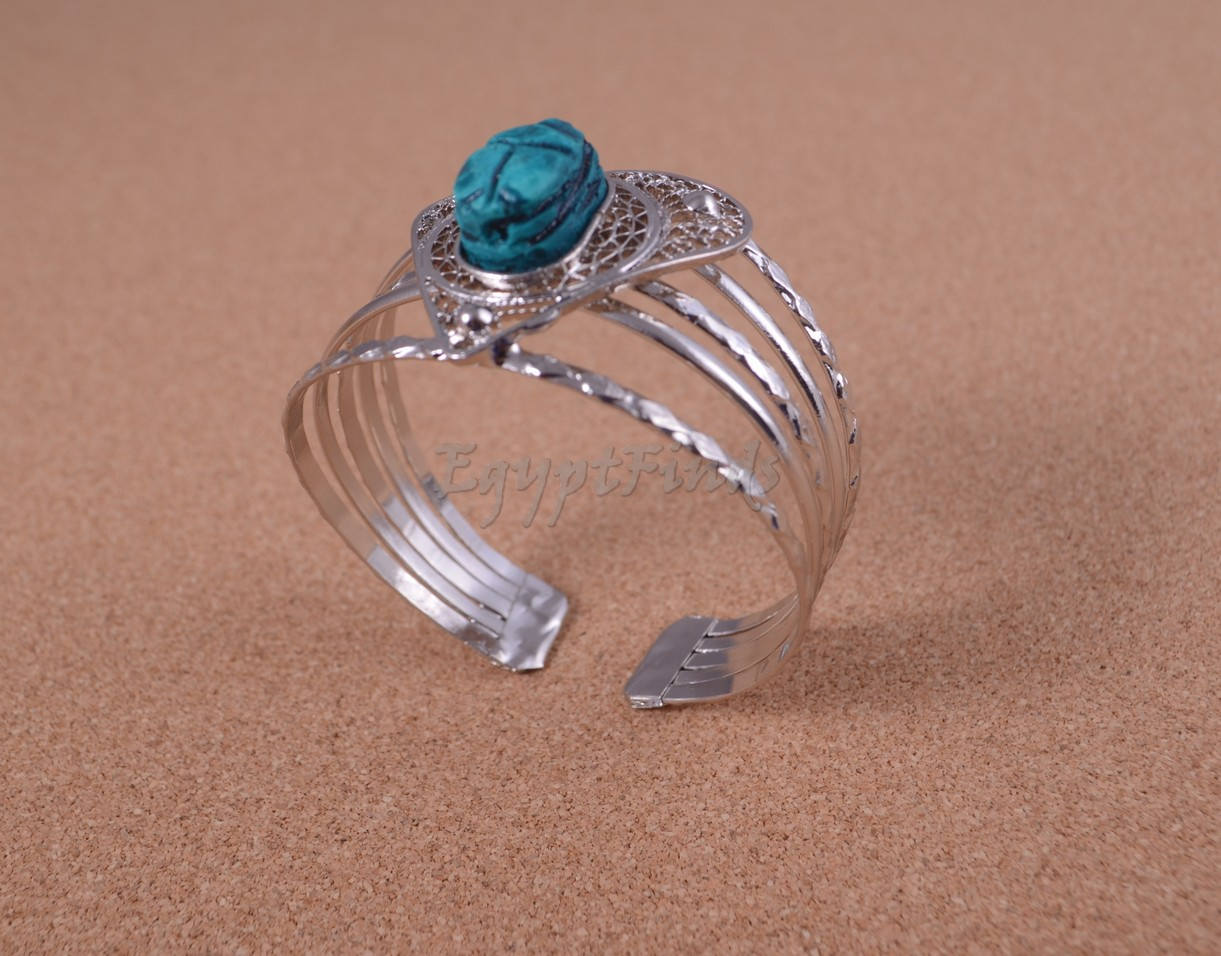 Egyptian Heart Filigree Silver Plated Scarab Bracelet