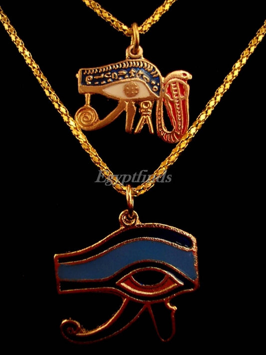 Two Egyptian Hand Made Brass Enamelled Eye Of Horus Coloured Necklaces
