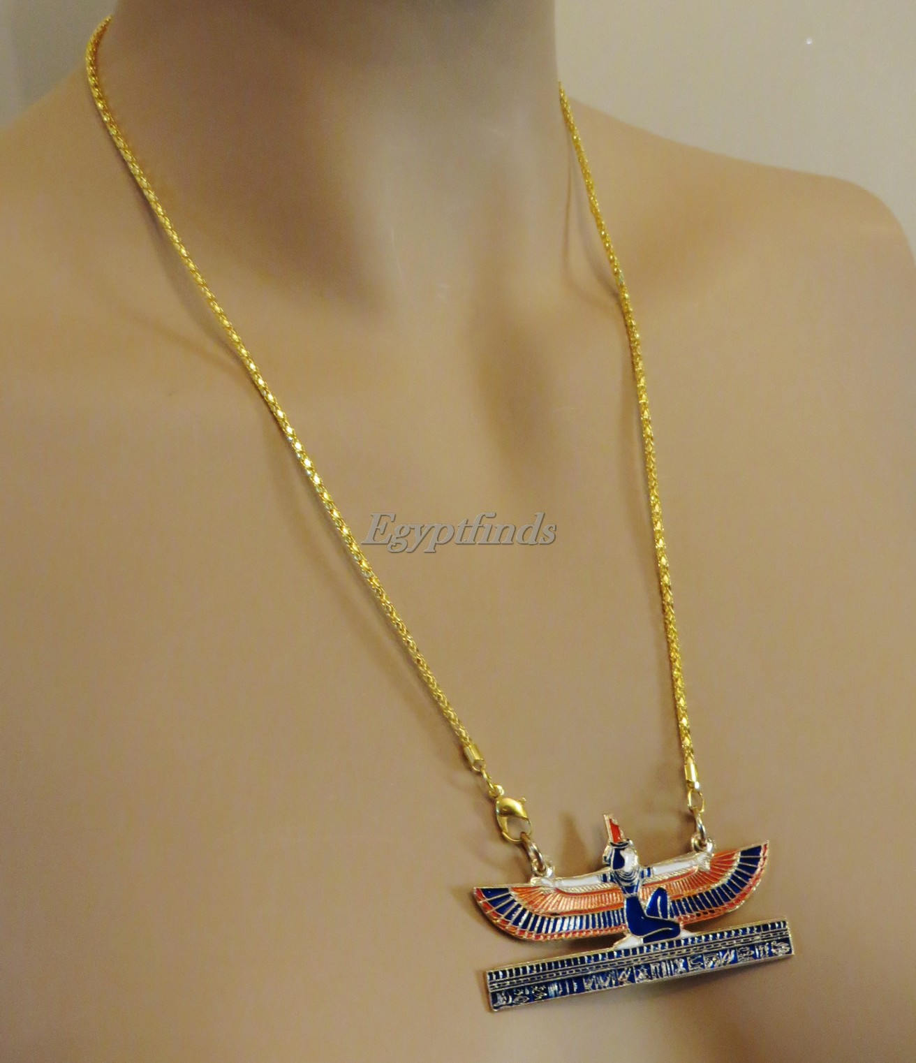 Egyptian Hand Made Brass Kneeling Isis On Hieroglyphics Base Coloured Necklace Winged Isis Jewelry Isis Jewelry Isis Pendant Isis Necklace