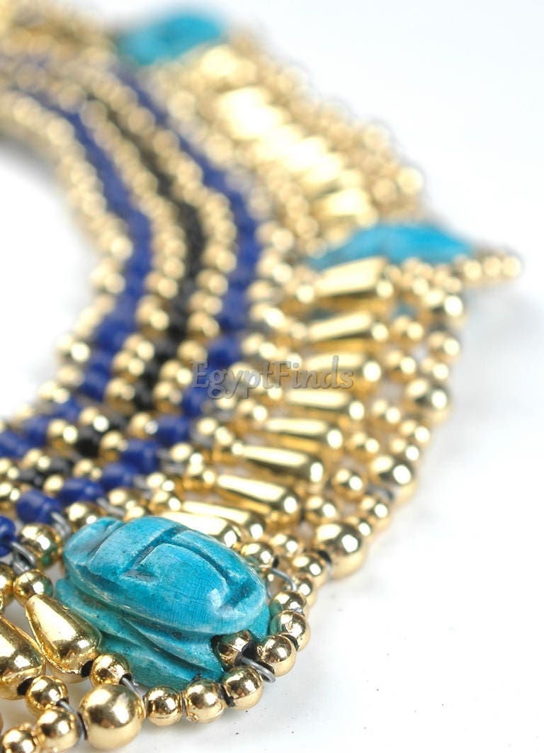 Pretty Egyptian Blue Cleopatra 5 Scarabs Necklace