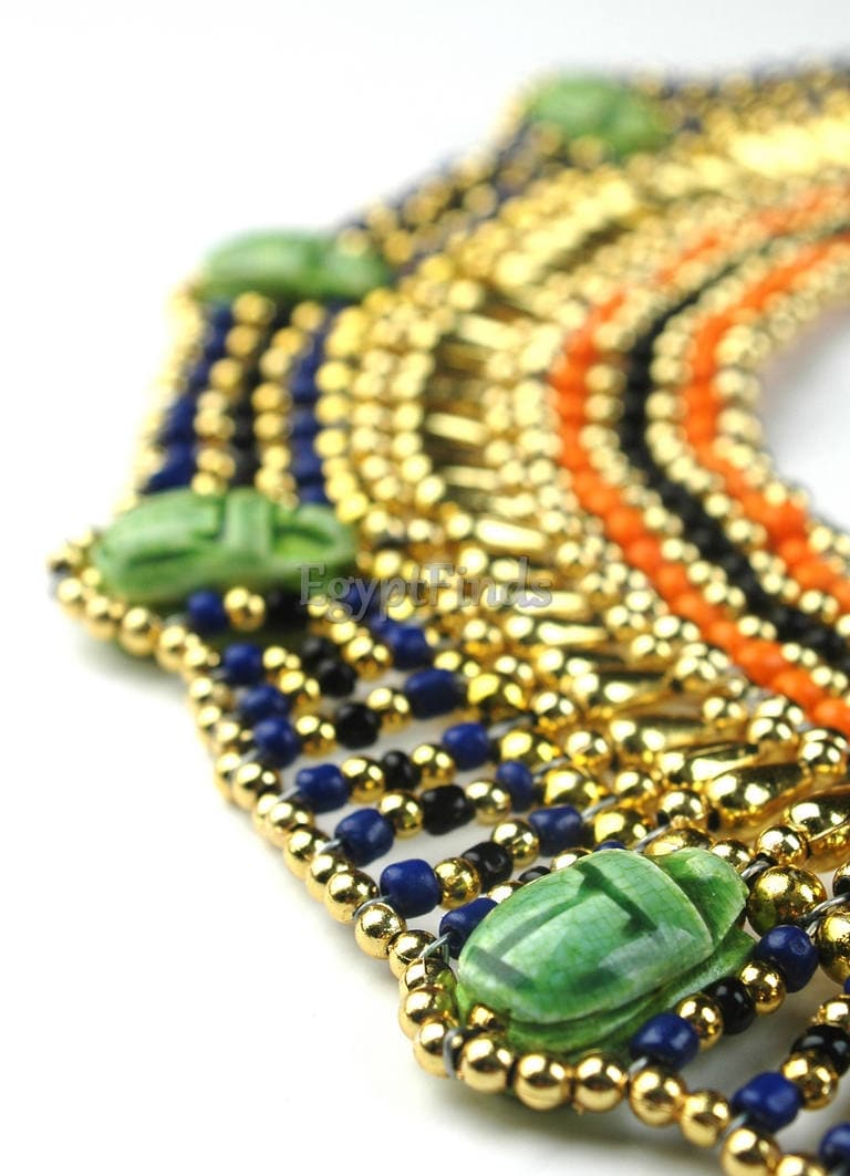 Superb Egyptian Beaded Cleopatra 7 Scarabs Necklace Collar