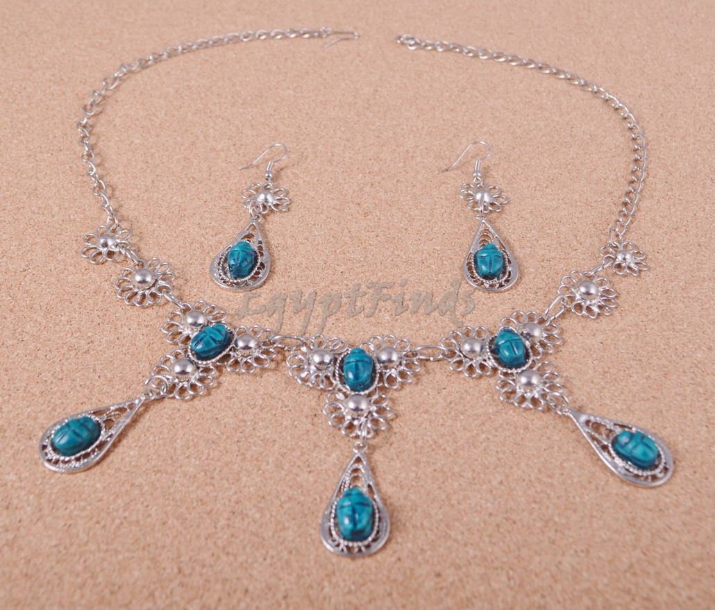 Egyptian Jewelry Hand Made Flower Bib Necklace and Earrings Set