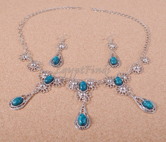 Egyptian Jewelry Hand Made Flower Bib Necklace and Earrings Set