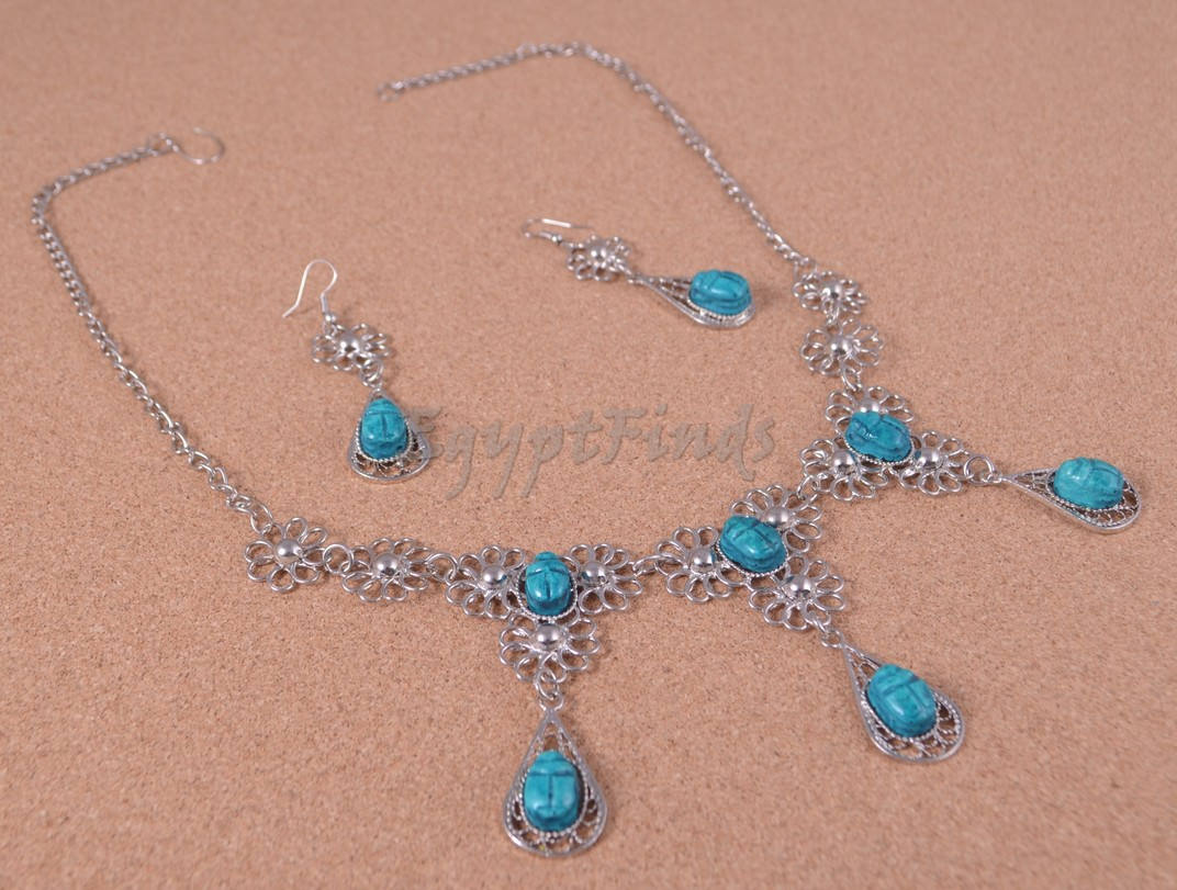 Egyptian Jewelry Hand Made Flower Bib Necklace and Earrings Set