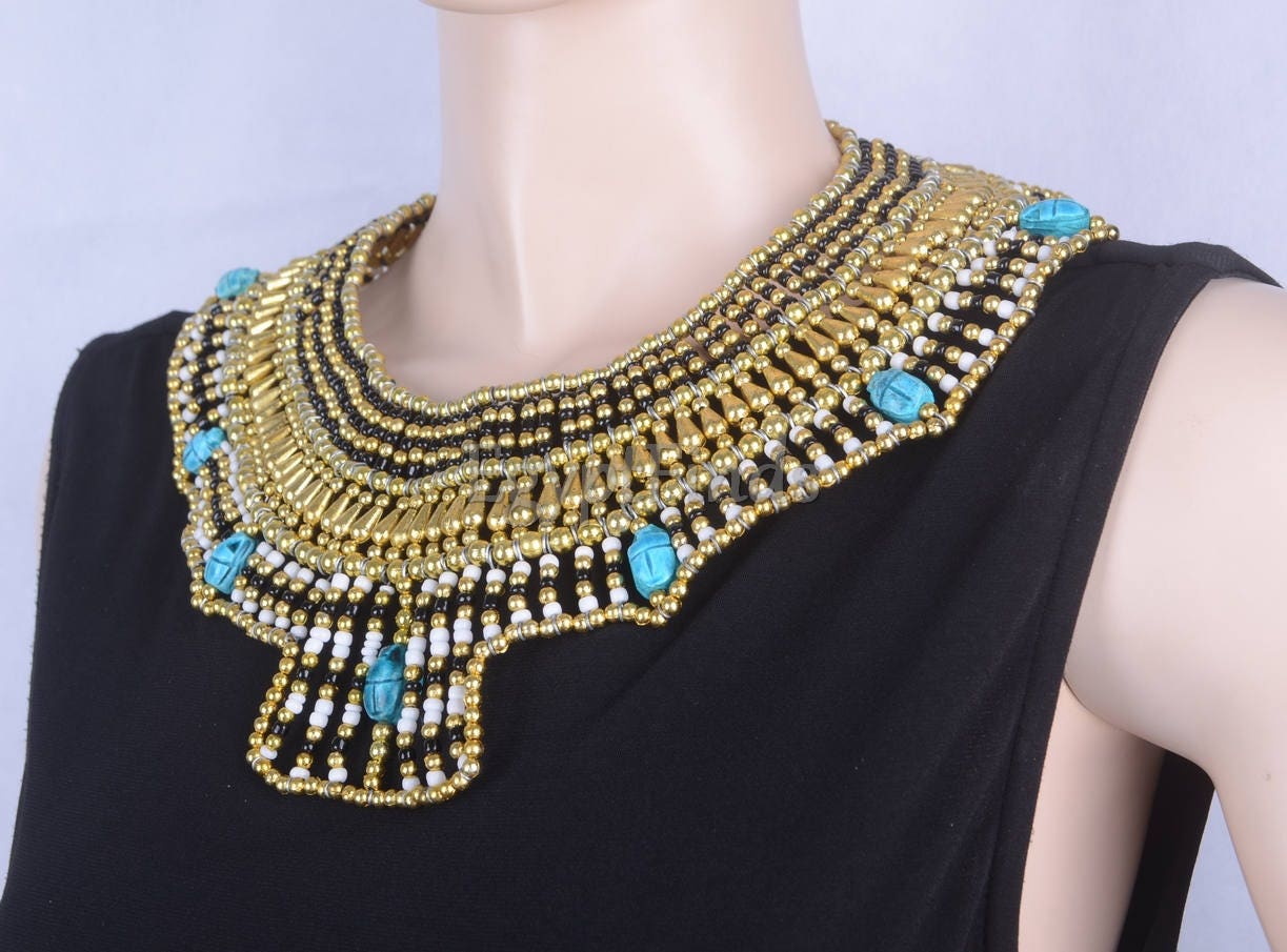Pretty Ancient Egyptian Beaded Cleopatra 7 Scarabs Necklace Collar