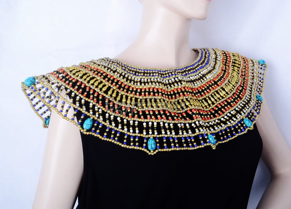 Huge Ancient Egyptian Beaded Cleopatra 9 Scarabs Necklace Collar