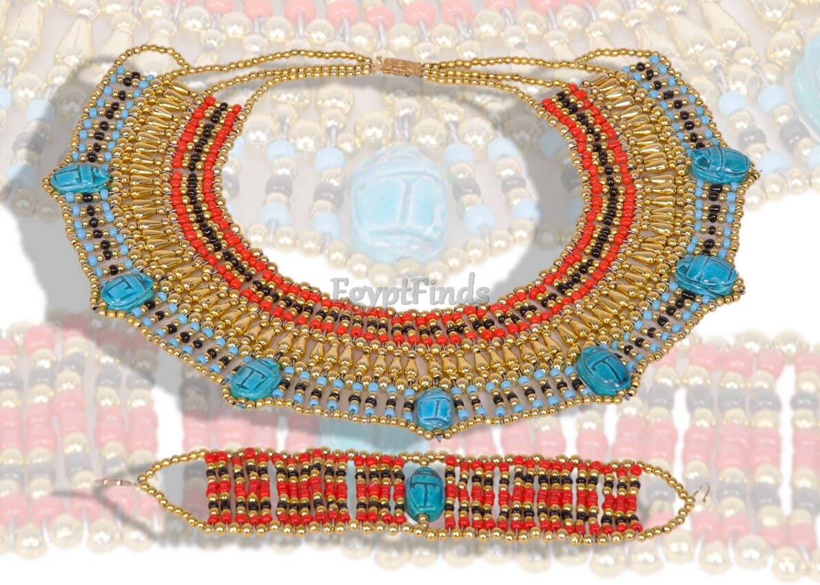 Wonderful Egyptian Beaded 7 Scarabs Cleopatra Scarab Necklace Collar & Bracelet