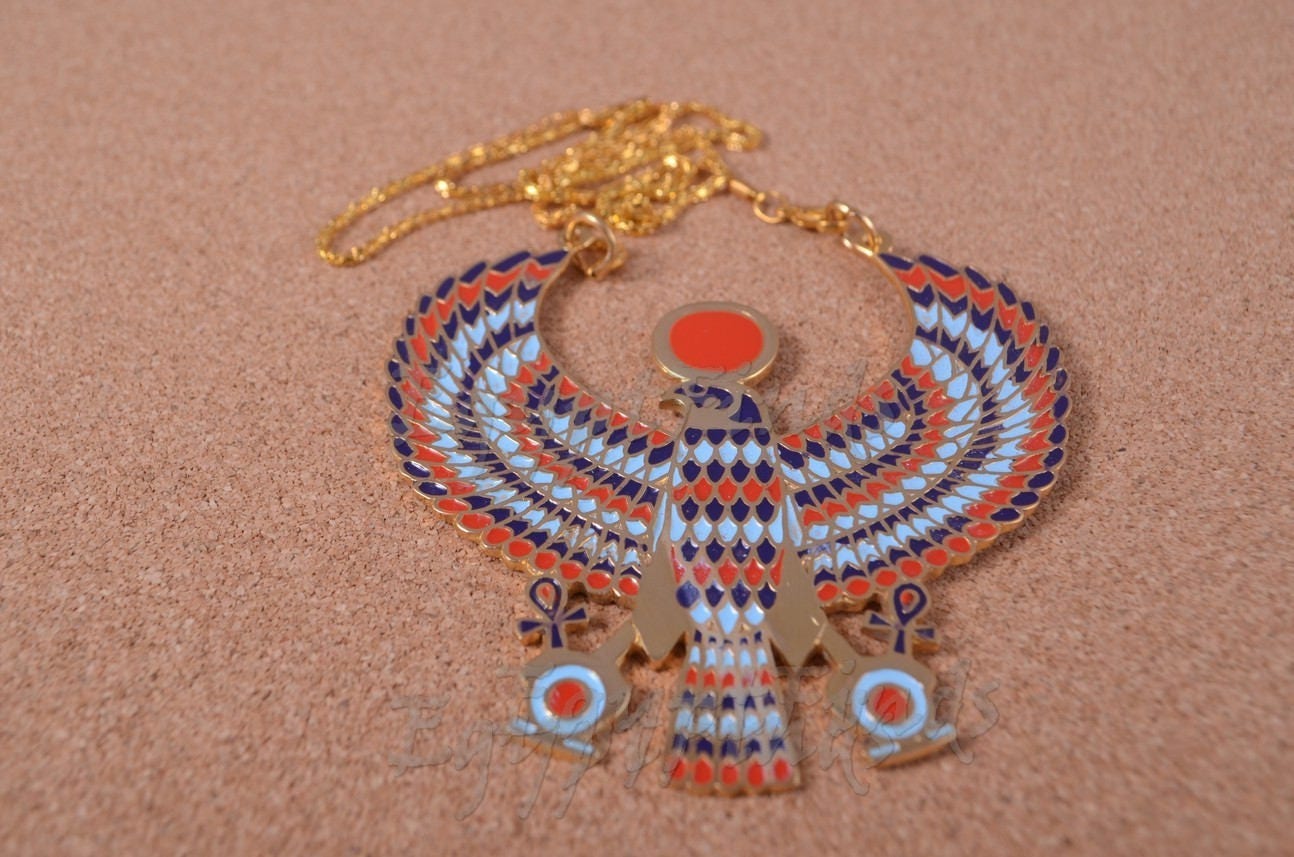 Large Egyptian Brass Enamelled Falcon As Horus Necklace