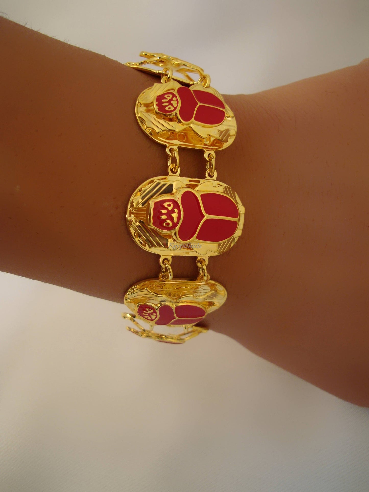 Egyptian Brass Red Enamel Scarabs Bracelet With Hieroglyphics Scarab Jewelry Scarab beetle Bracelet Khepri Bracelet