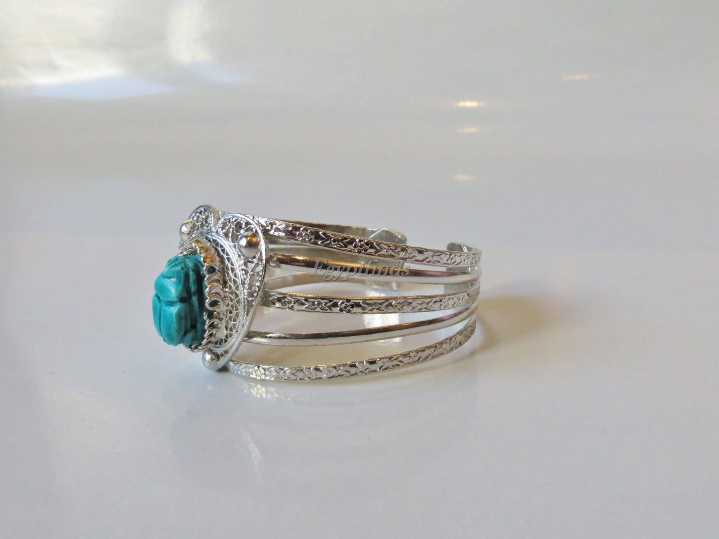 Amazing Egyptian Silver Plated Turquoise Scarab Heart bracelet .US express shipping