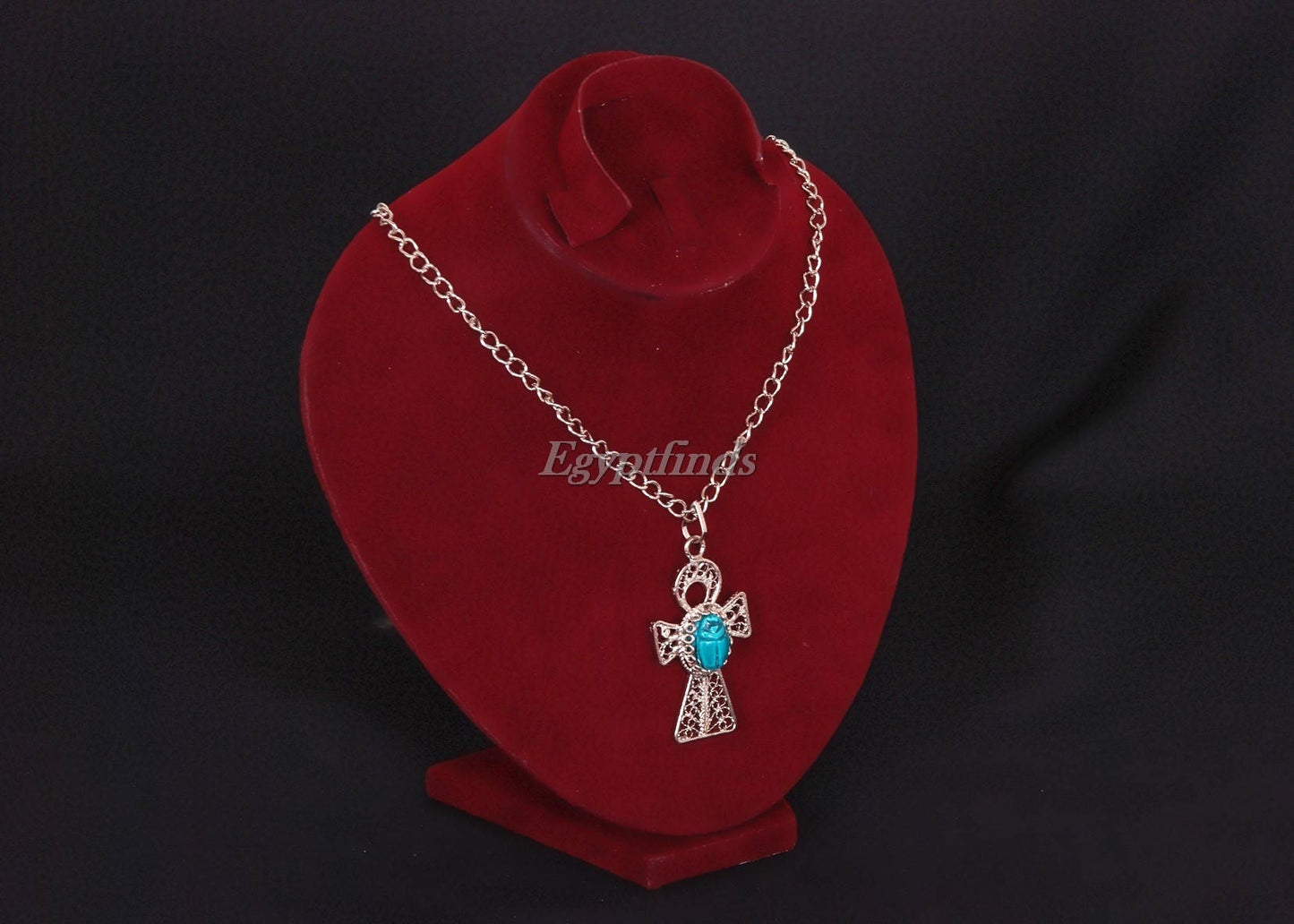 Egyptian Ankh Life Key Cross Filigree Necklace With Scarab .US express shipping