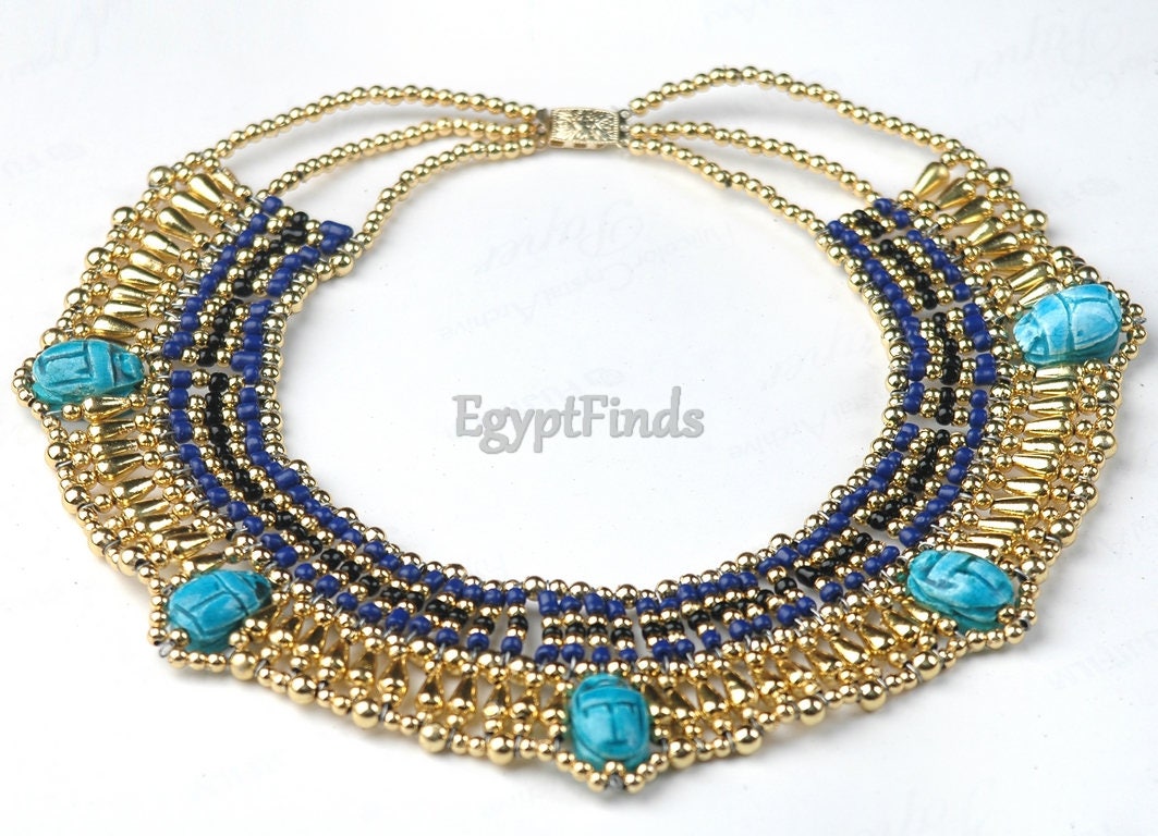 Pretty Egyptian Blue Cleopatra 5 Scarabs Necklace