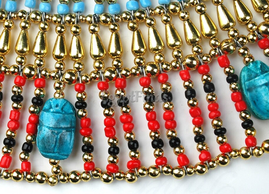 Large Egyptian Beaded Cleopatra Necklace Collar With 9 Scarabs