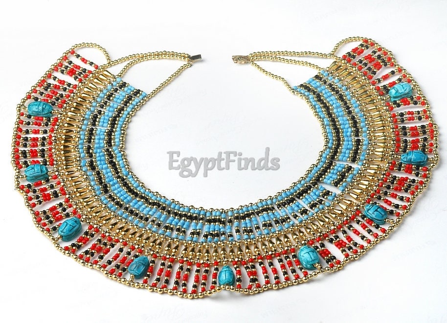 Large Egyptian Beaded Cleopatra Necklace Collar With 9 Scarabs