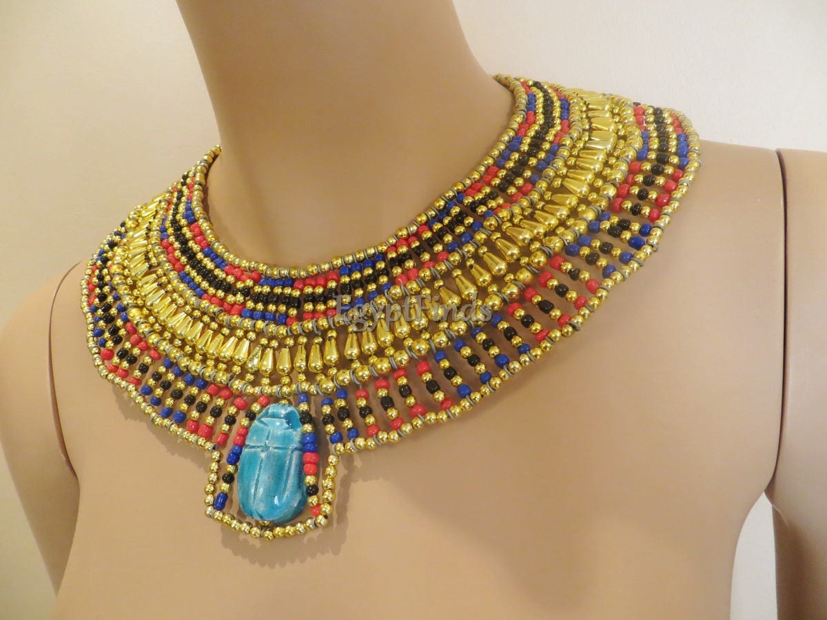 Ancient Egyptian Beaded Cleopatra Large Scarabs Necklace Collar