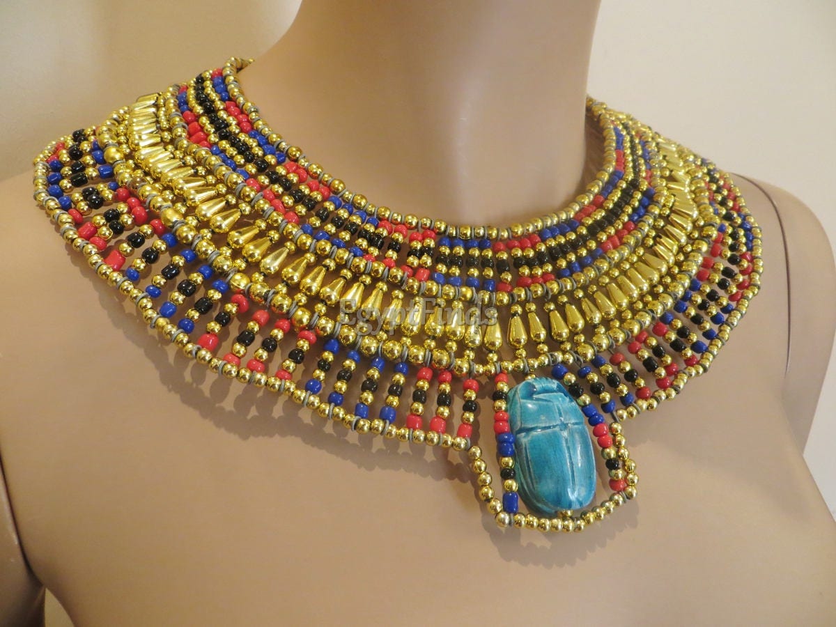 Ancient Egyptian Beaded Cleopatra Large Scarabs Necklace Collar