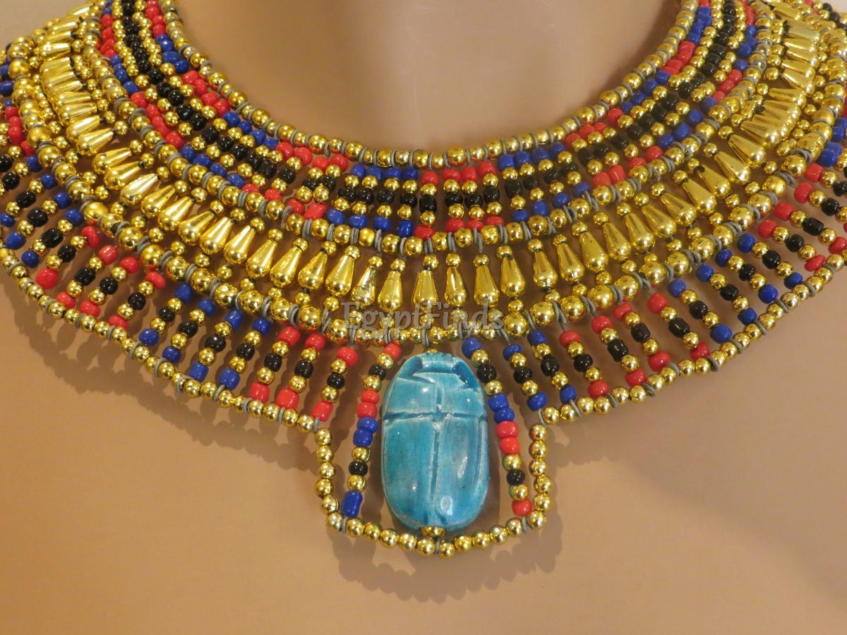 Ancient Egyptian Beaded Cleopatra Large Scarabs Necklace Collar