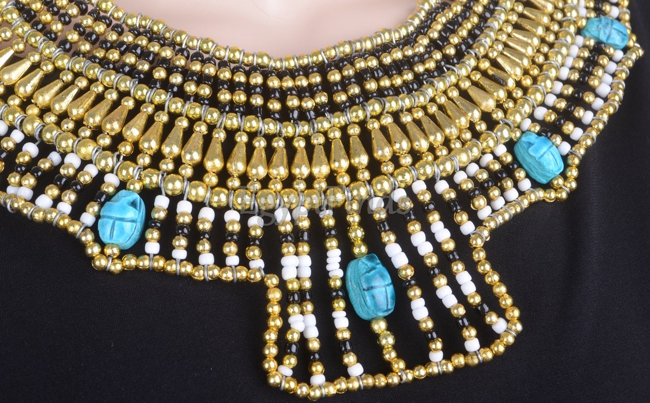 Pretty Ancient Egyptian Beaded Cleopatra 7 Scarabs Necklace Collar