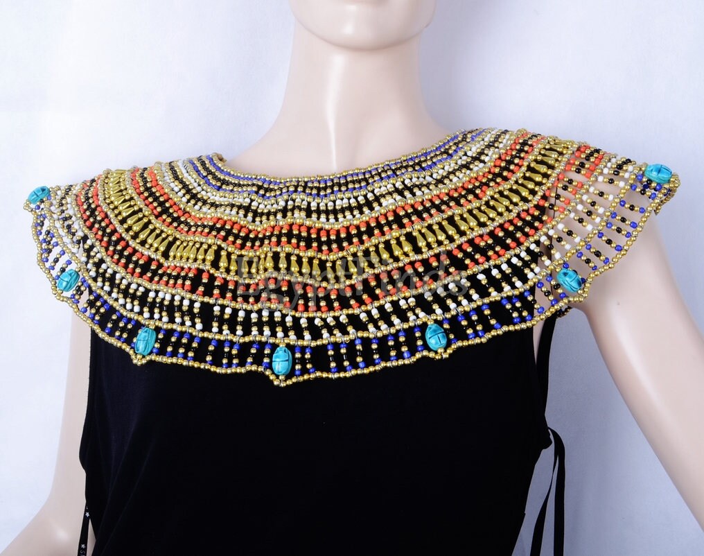 Huge Ancient Egyptian Beaded Cleopatra 9 Scarabs Necklace Collar