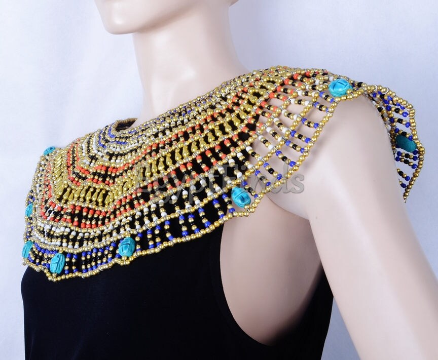 Huge Ancient Egyptian Beaded Cleopatra 9 Scarabs Necklace Collar