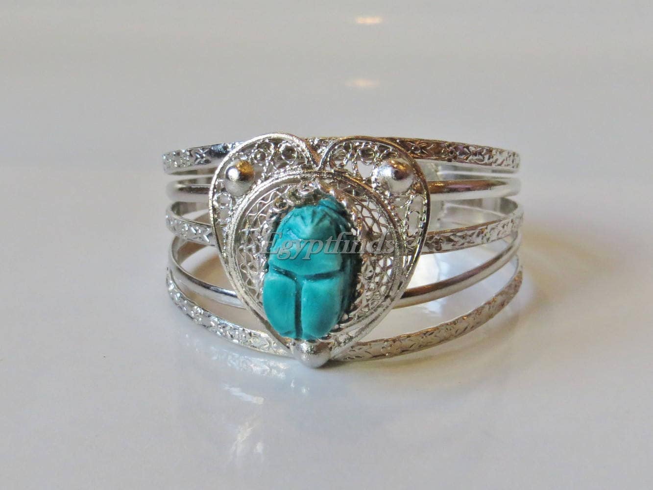 Amazing Egyptian Silver Plated Turquoise Scarab Heart bracelet .US express shipping