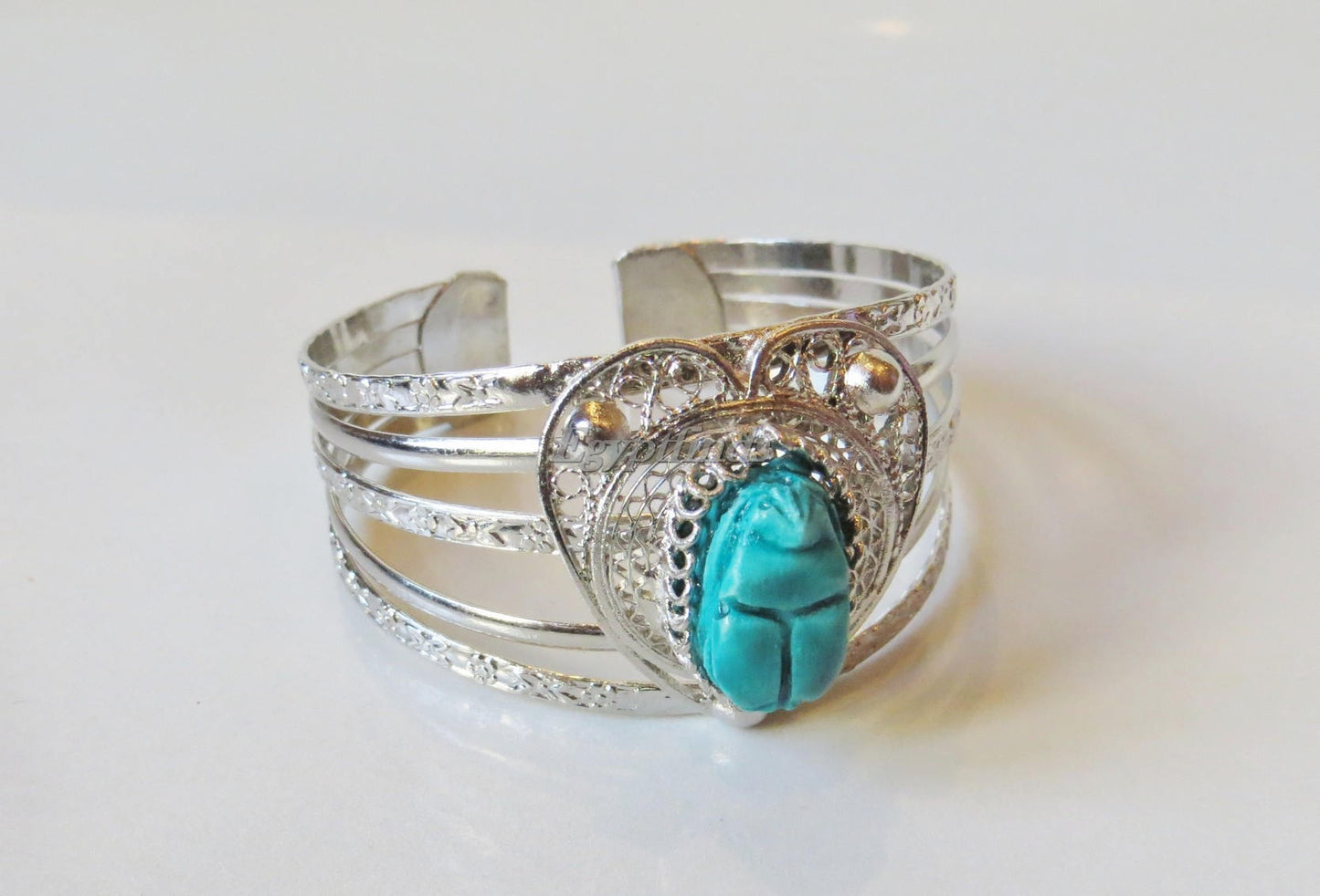Amazing Egyptian Silver Plated Turquoise Scarab Heart bracelet .US express shipping