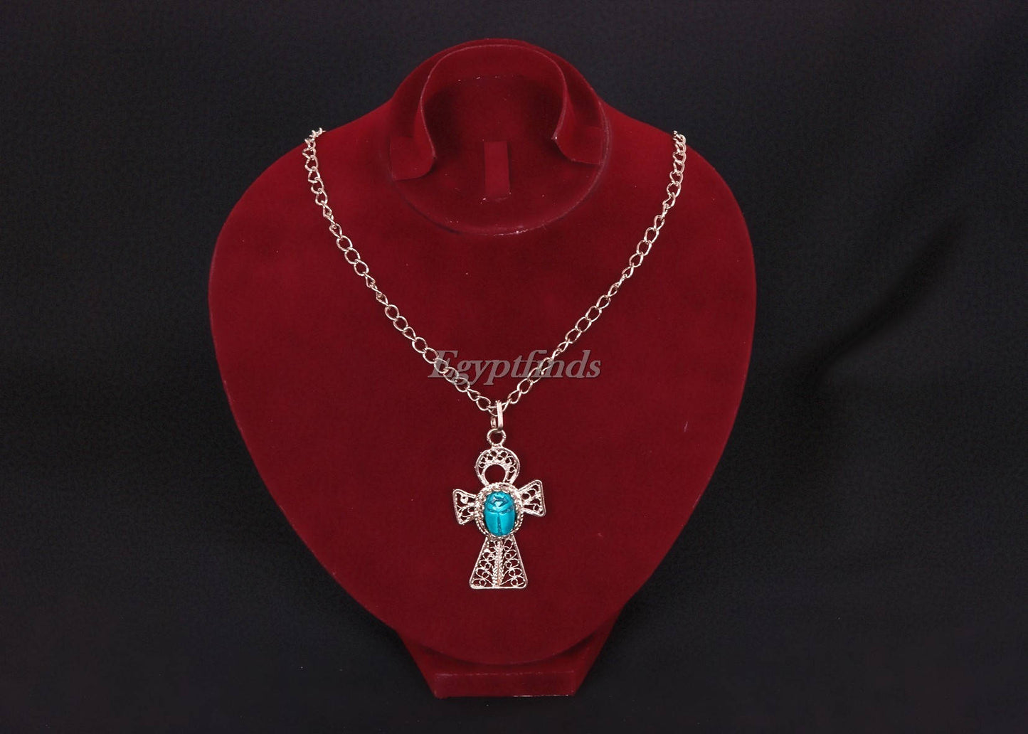 Egyptian Ankh Life Key Cross Filigree Necklace With Scarab .US express shipping