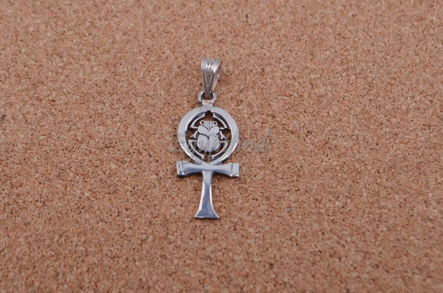 Shiny Egyptian Solid Silver Hallmarked Life Key Ankh With Scarab Pendant Charm