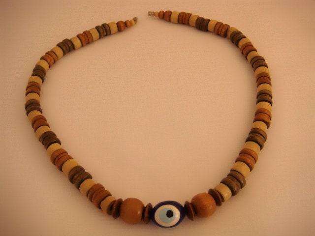 Tribal Evil Eye Egyptian Beaded Necklace With Wood Bead
