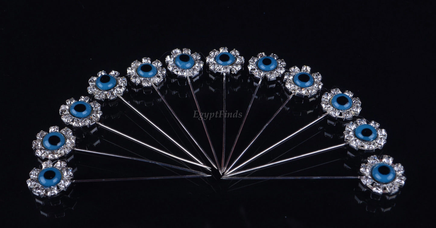 12 Pcs LRG Islamic Moslim Hejab Hijab Head Scarf Pins Shayla Evil Eye & Crystals