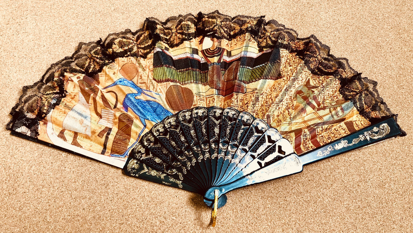 Unique Egyptian Lot of 2 Gorgeous Egyptian Pharaonic Tut , Isis, Nefertiti & more Hand Held Fan