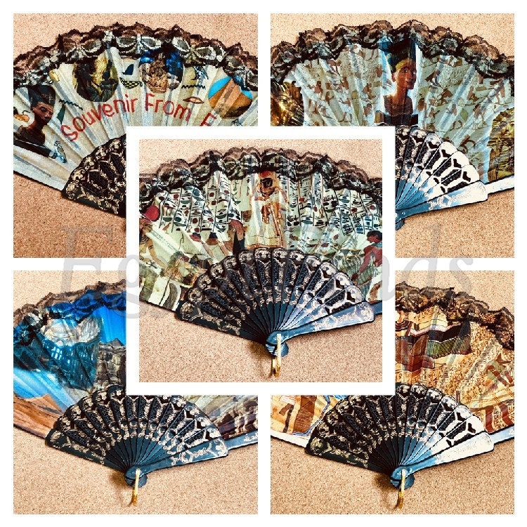 Unique Egyptian Lot of 2 Gorgeous Egyptian Pharaonic Tut , Isis, Nefertiti & more Hand Held Fan
