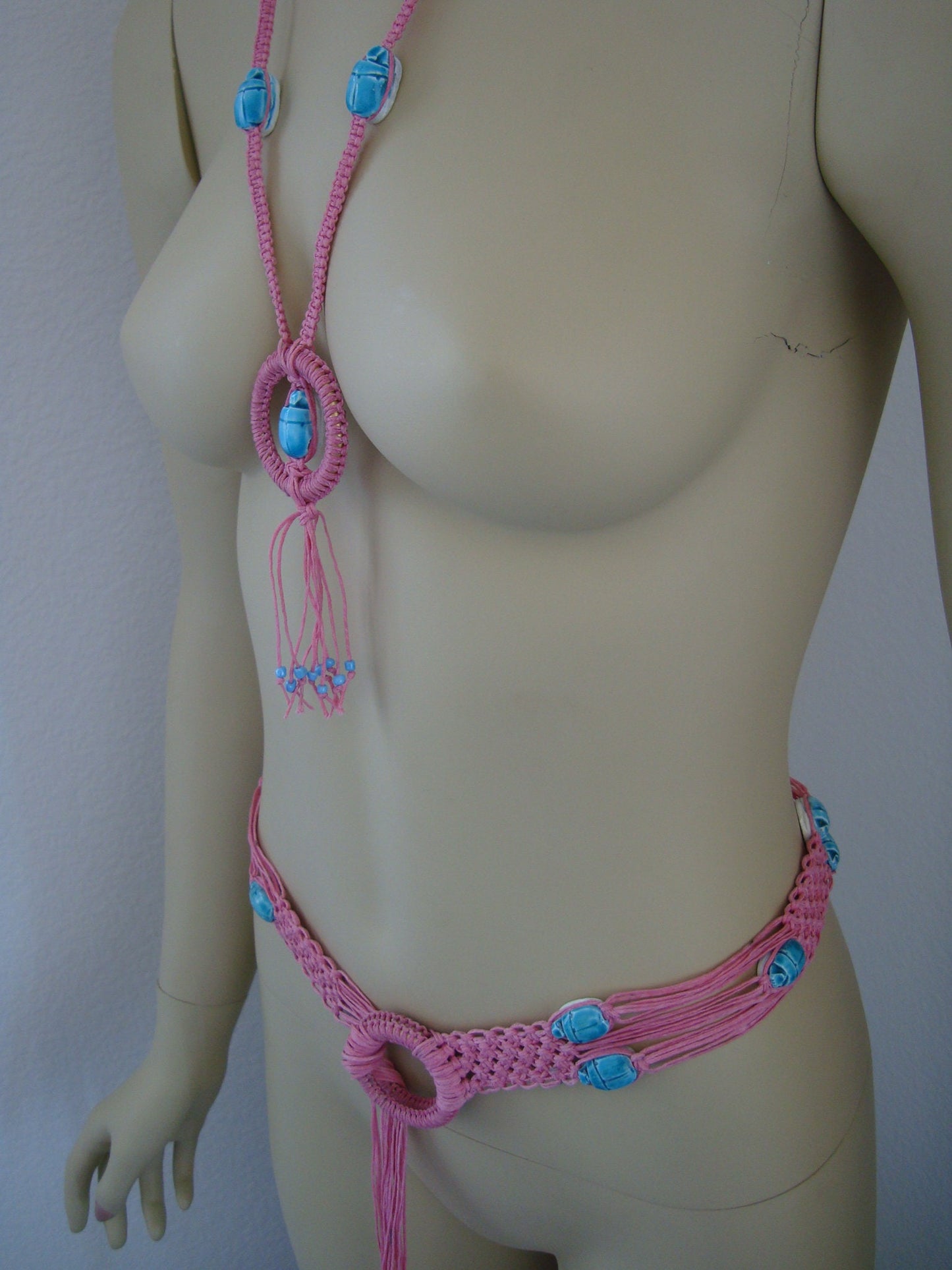Egyptian Boho Scarabs Pink Hippie Belt And Necklace Set Gypsy Set
