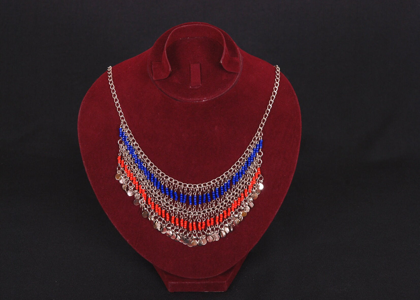 Egyptian Belly Dance lovely tribal silver plated red and blue necklace