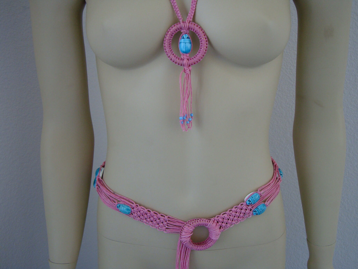 Egyptian Boho Scarabs Pink Hippie Belt And Necklace Set Gypsy Set
