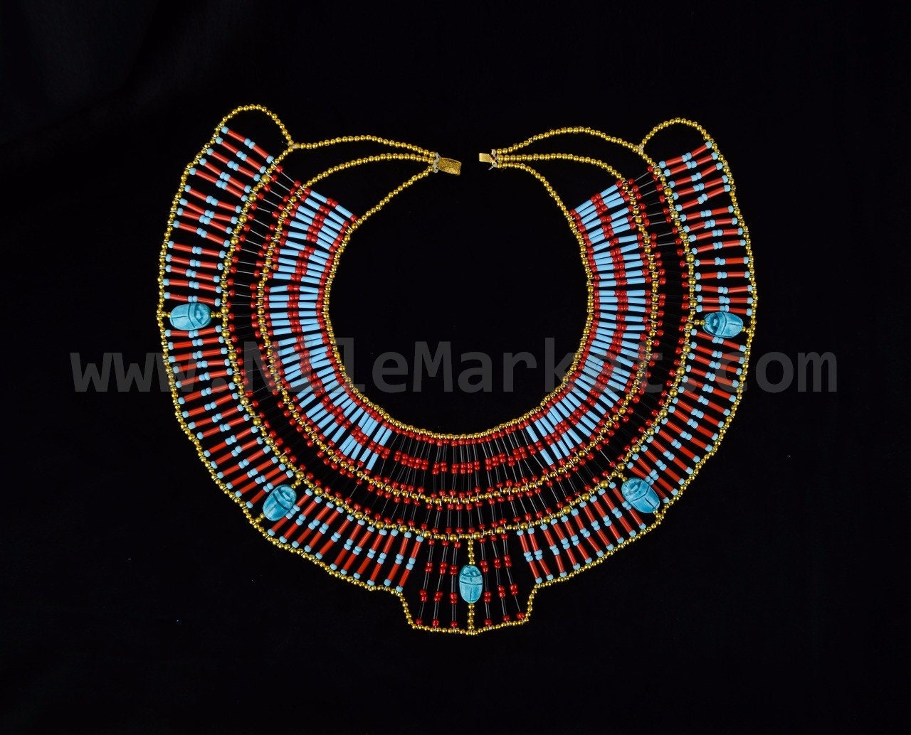 V Large Egyptian Beaded Cleopatra Necklace Collar With 5 Scarabs