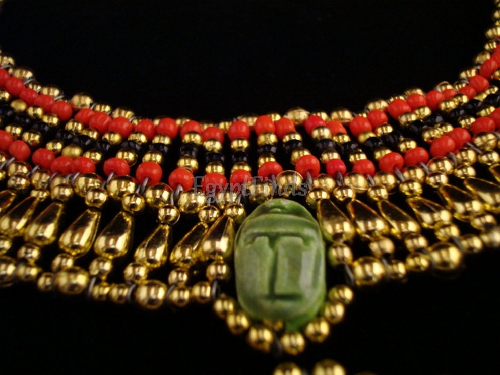 Wonderful Egyptian Beaded 5 Scarabs Cleopatra Scarab Necklace Collar & Bracelet Egyptian Jewelry beaded Collar Khepri Bracelet