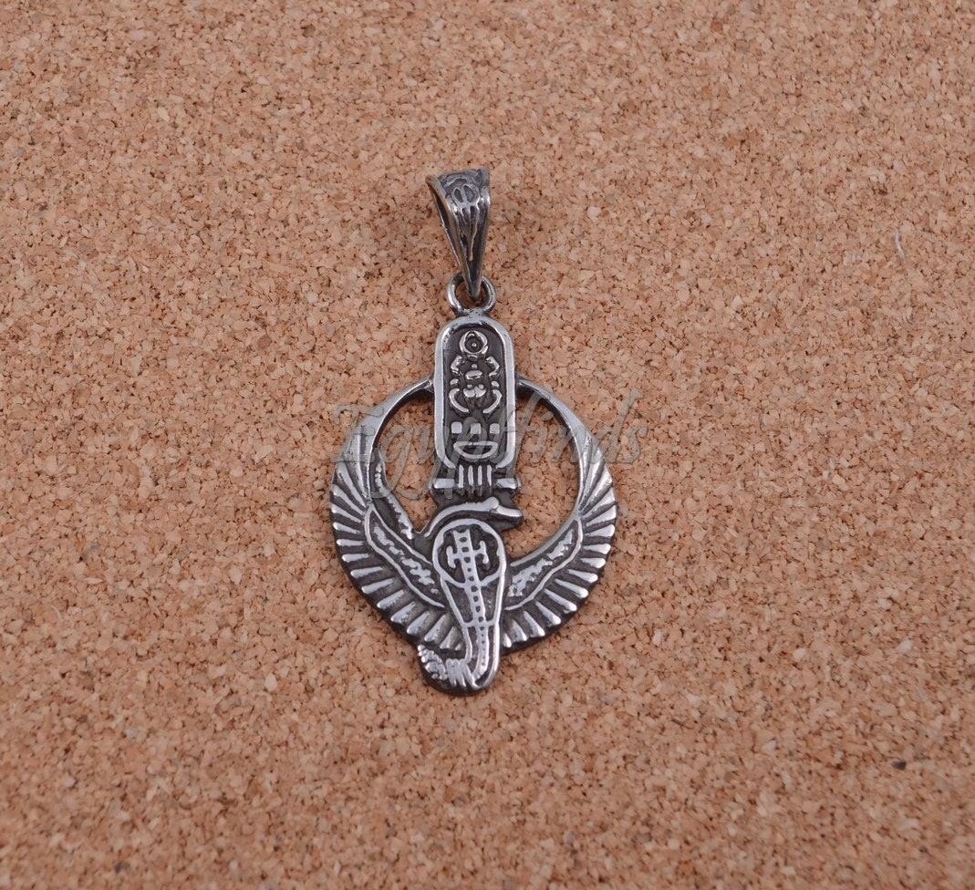 Large Egyptian Sterling Silver Winged Cobra With King Tutankhamun Cartouche