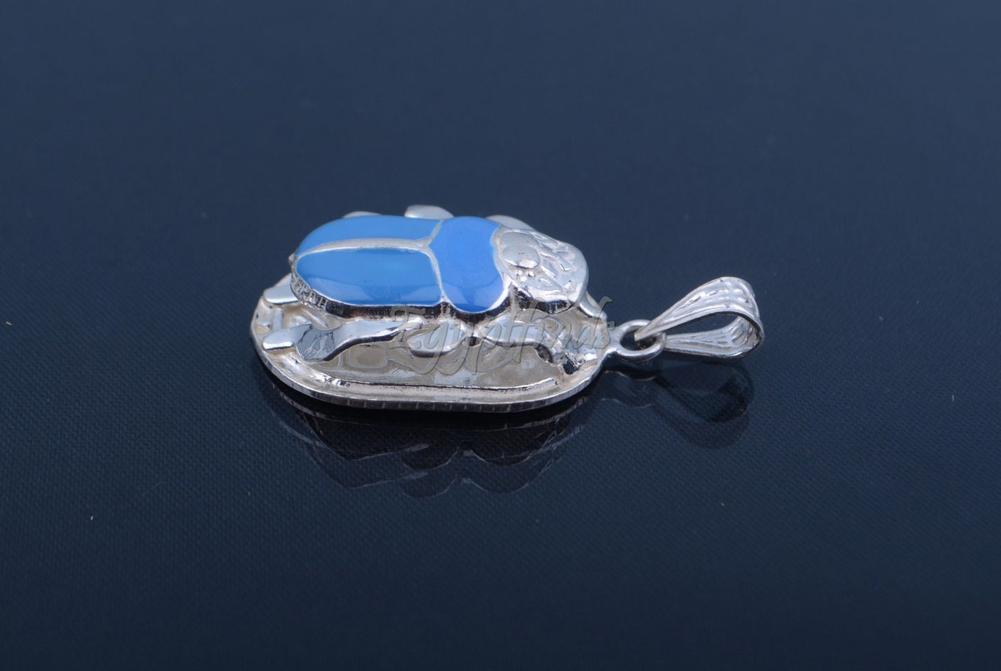 Large Egyptian Sterling Silver Turquoise Enamelled Scarab Luck Charm US Express