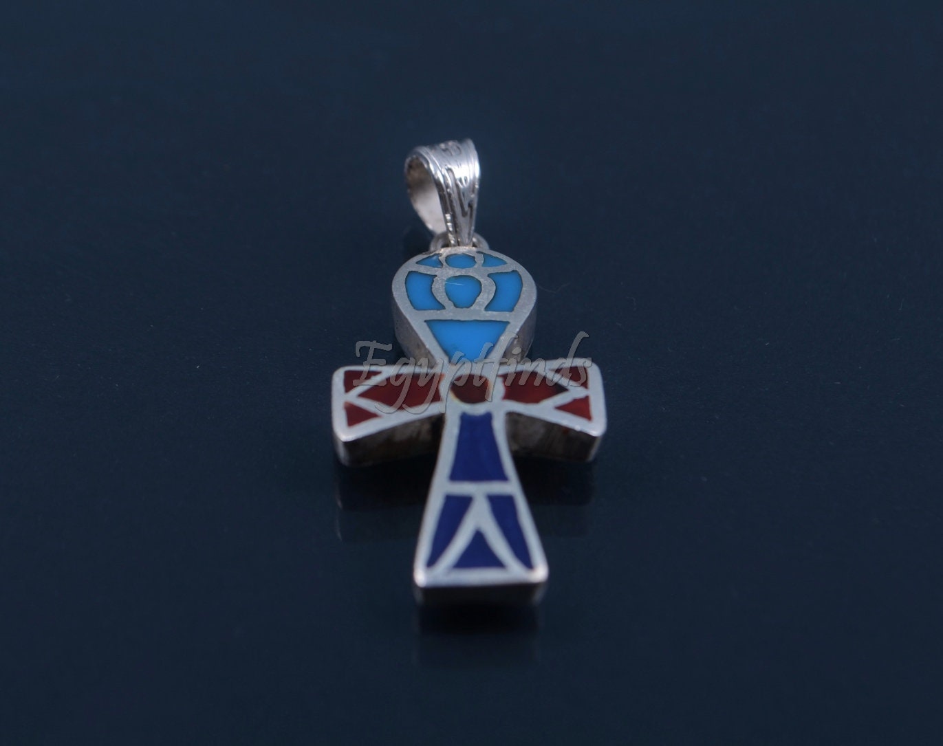 Large Egyptian Hand Made Solid Silver Inlaid Ankh life key Pendant Charm Pendant