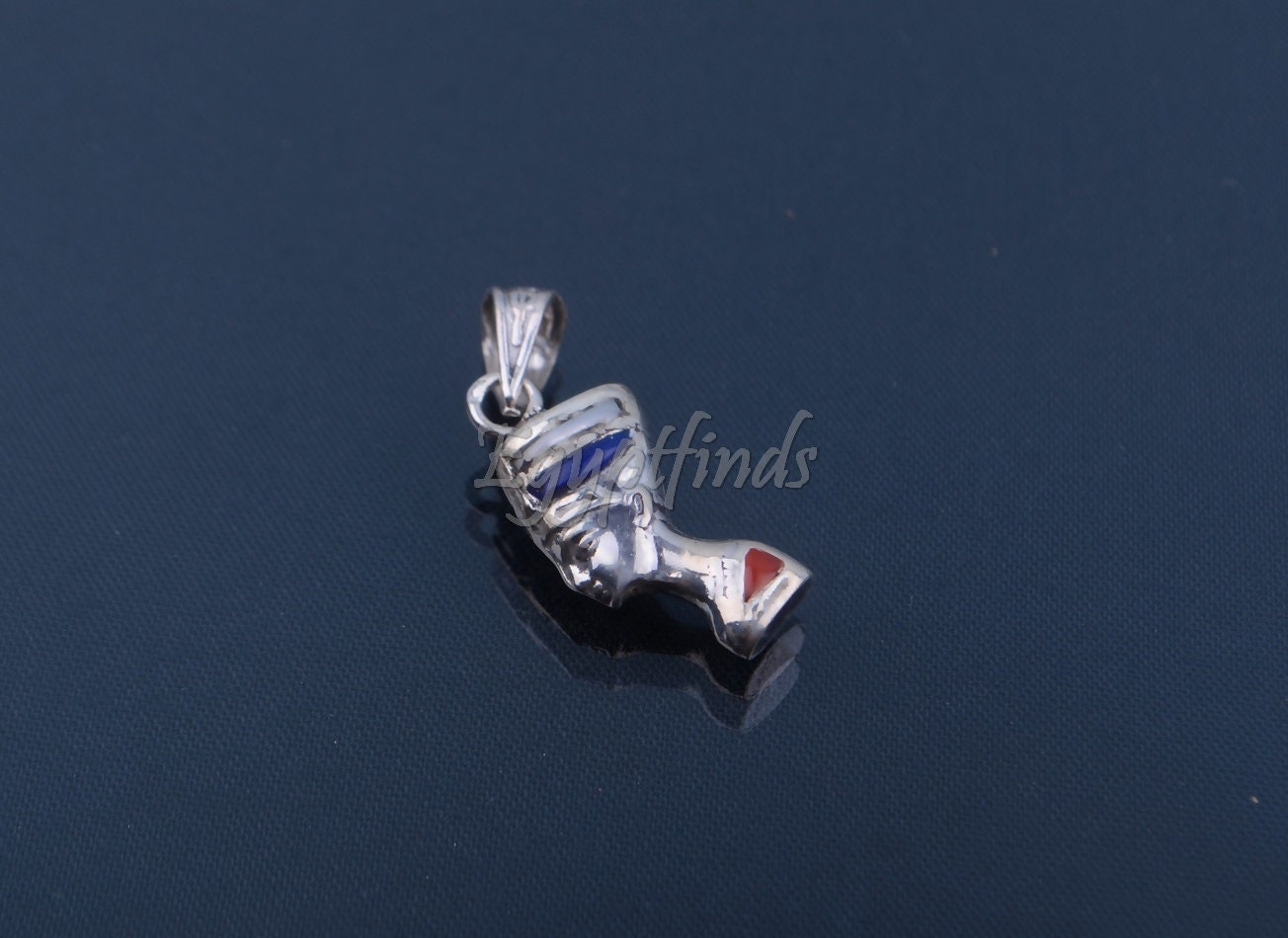 Solid Silver Egyptian Handmade Queen Nefertiti Inlaid Charm Pendant