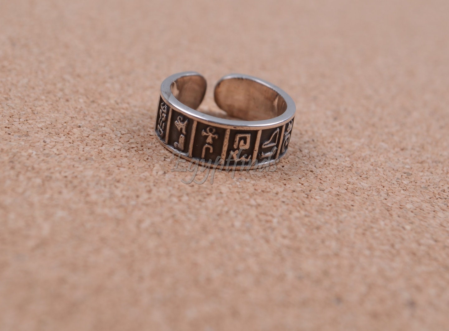 Egyptian Hand Made Solid Silver Oxidized Hieroglyphics Thumb Ring Unisex