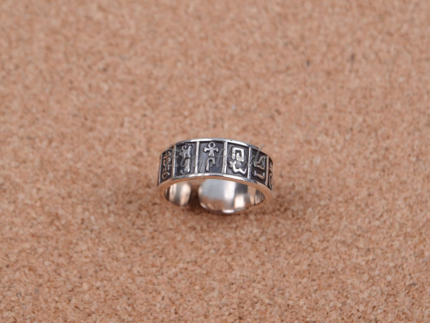 Egyptian Hand Made Solid Silver Oxidized Hieroglyphics Thumb Ring Unisex