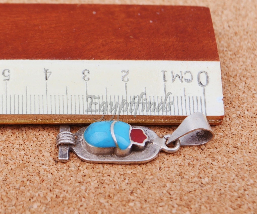 Egyptian Sterling Silver Inlaid Scarab Cartouch Pendant Charm