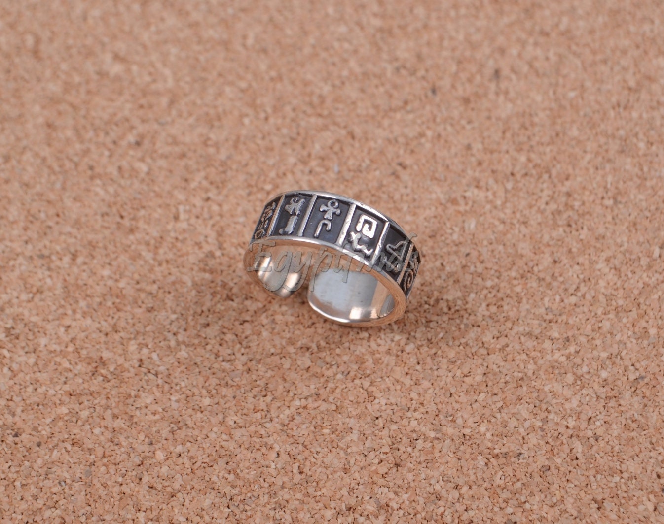 Egyptian Hand Made Solid Silver Oxidized Hieroglyphics Thumb Ring Unisex