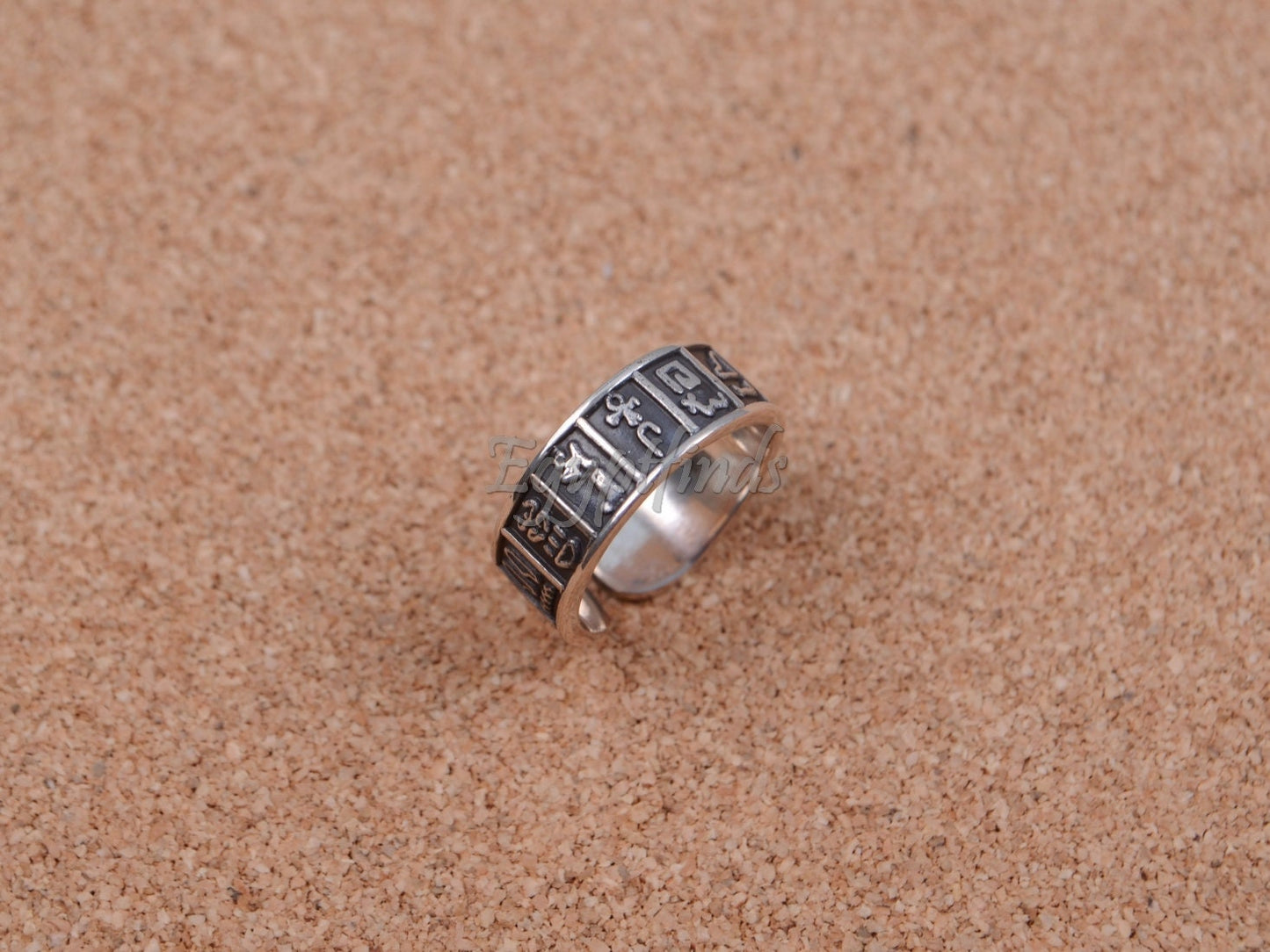 Egyptian Hand Made Solid Silver Oxidized Hieroglyphics Thumb Ring Unisex