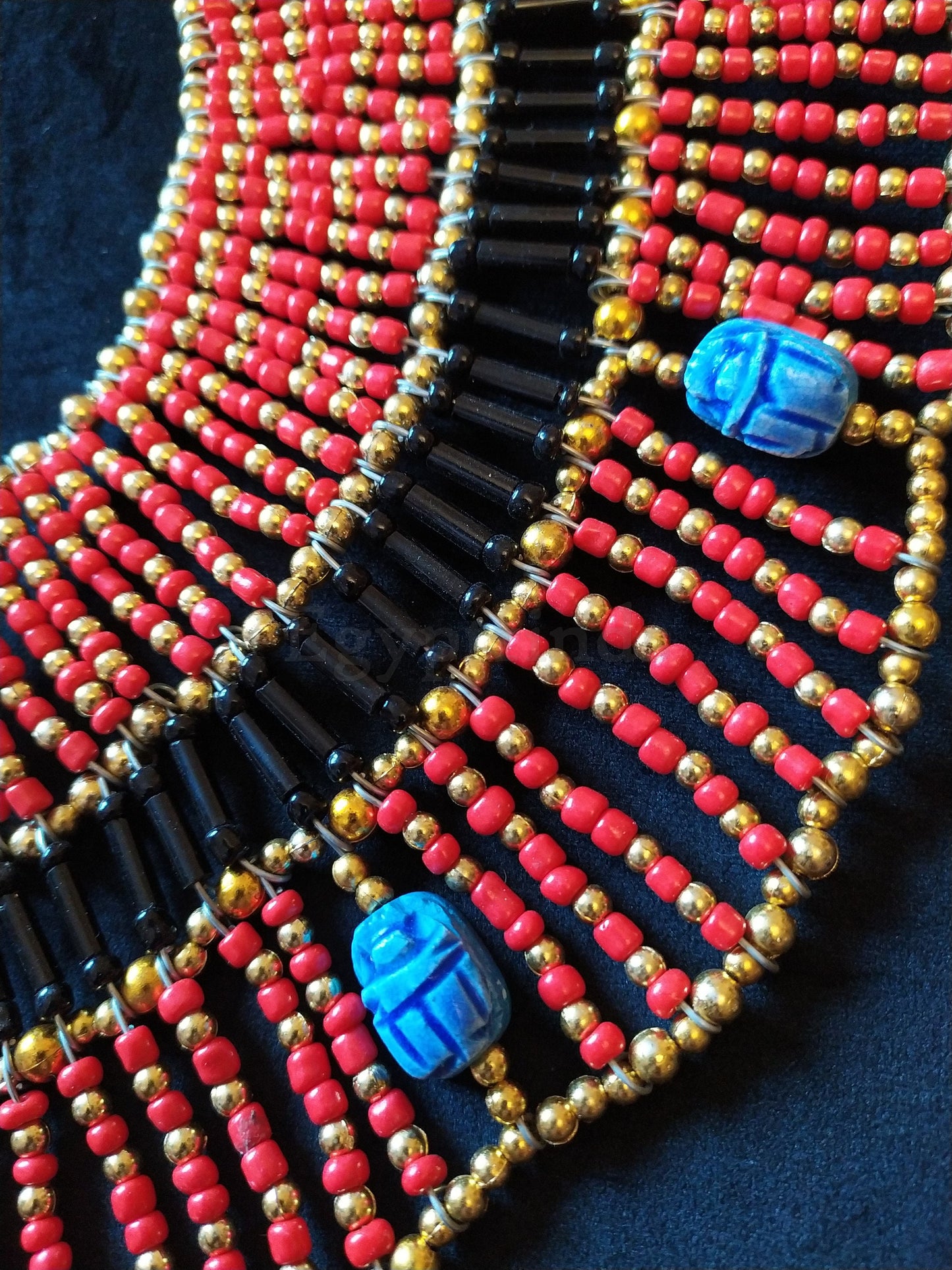 Large Egyptian Orange Beaded Cleopatra Necklace Collar With 9 Scarabs