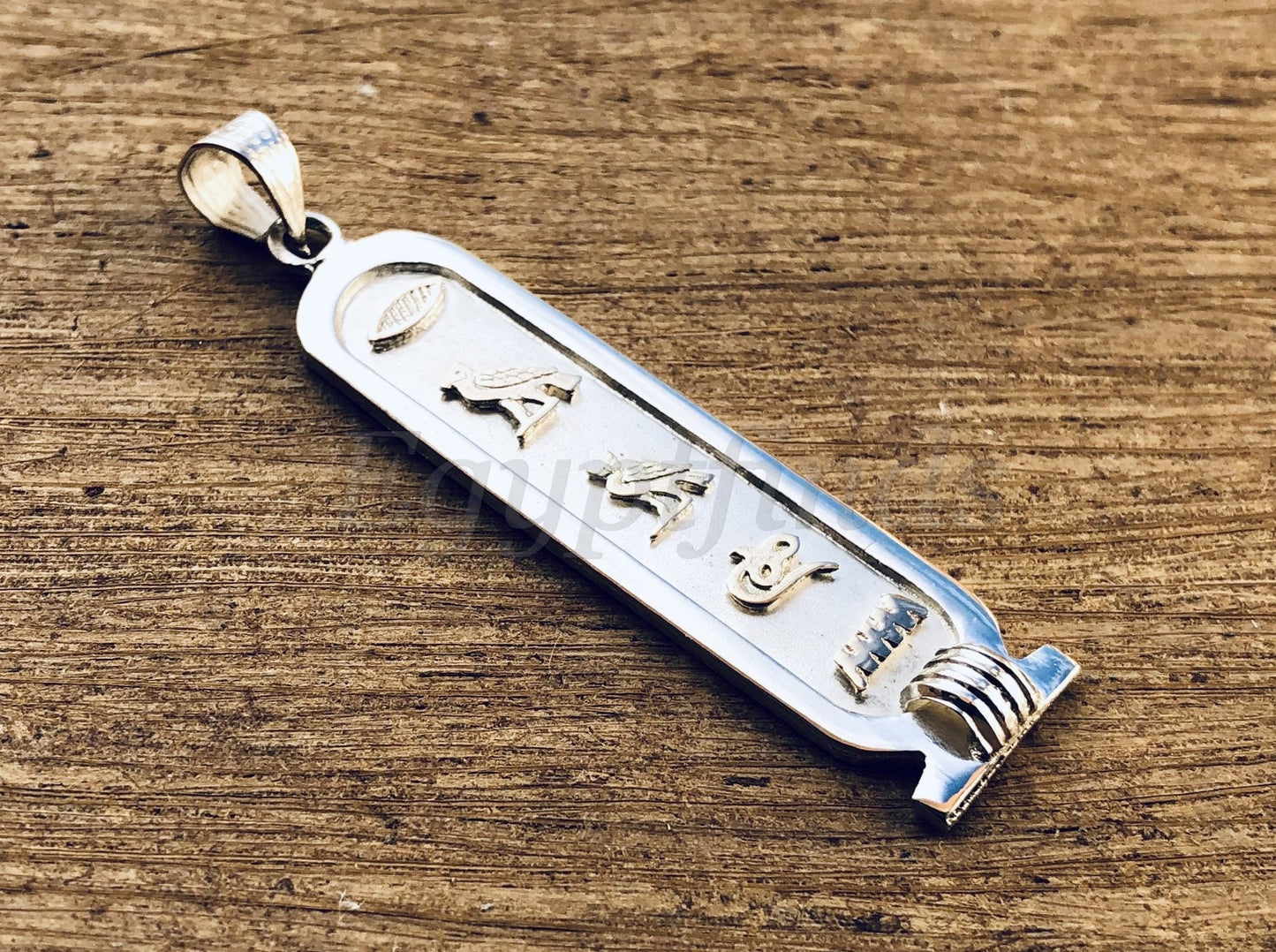 Egyptian Personalized Sterling Silver Cartouche With Glyphs On The Back With 9K Letters,10 characters Name Cartouche Charm